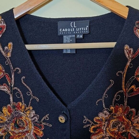Vintage Carole Little Floral Embroidered Wool Blend Sweater Dress Petite Medium - Picture 4 of 16